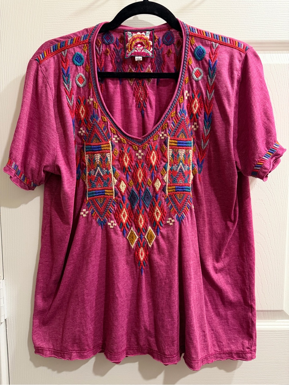 Johnny Was Embroidered V-Neck Short Sleeve Top in Fuchsia